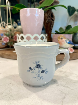 Teacup Candle - white blue floral