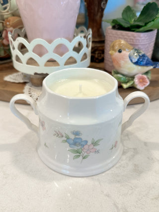 Teacup Candle - white floral sugar bowl with lid