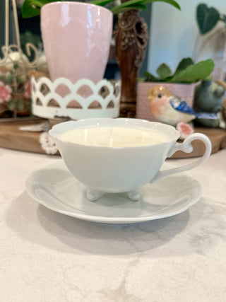 Teacup Candle - white with little feet & saucer